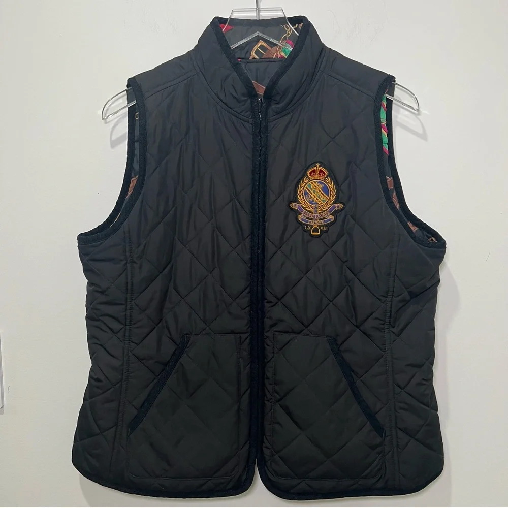 Ralph Lauren Crest-Patch Diamond-Quilted Vest Black Reversible Equestrian Sz L - Picture 5 of 10